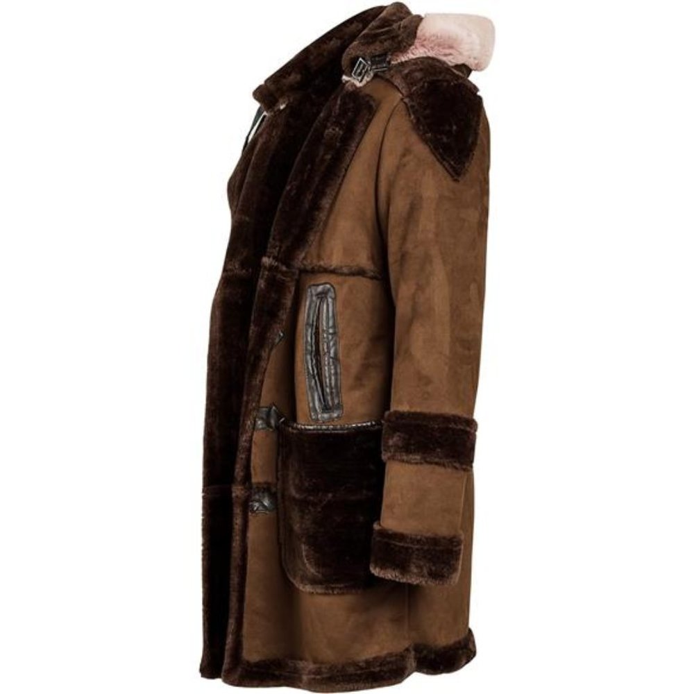 Men's Shearling Leather Coat Faux Suede Sherpa Lined Sheepskin Jacket with Hood - Picture 3 of 5